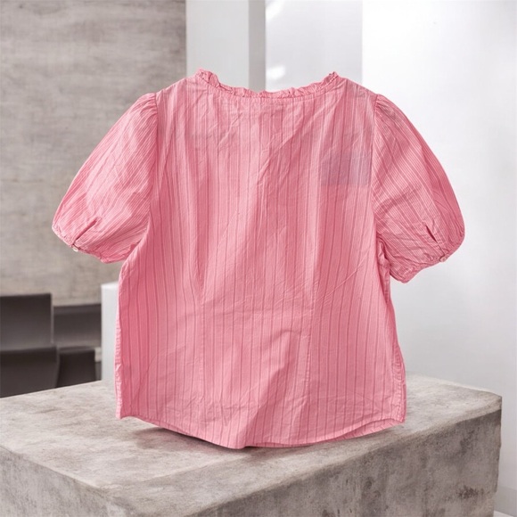 Talbots Ruffle Neck Blouse Womens Large Petite Pink Striped Short Sleeve - Picture 2 of 4